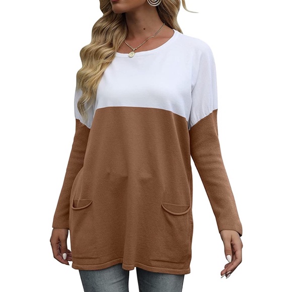 Loose Long Sleeve Color Block Pullover With Pockets Brown Camel Small - Picture 1 of 7